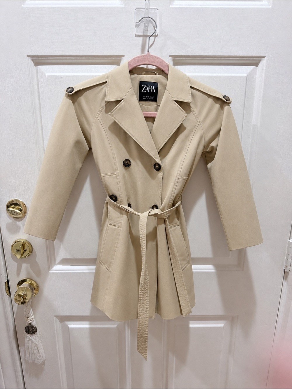Zara Light Beige Double-Breasted Belted Trench Coat